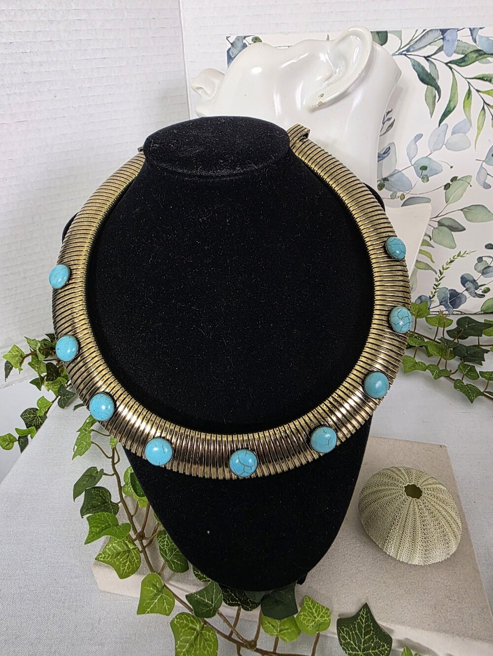 Vintage Brass Omega Collar Necklace Turquoise Faux Cabochon Statement